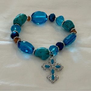 Gorgeous Beaded Bracelet w Rhinestone Cross Charm & Blue and Turquoise Beads